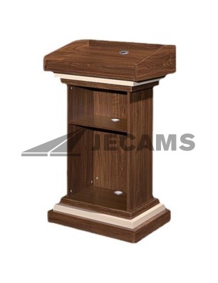 Wooden podium displayed in a simple event setup