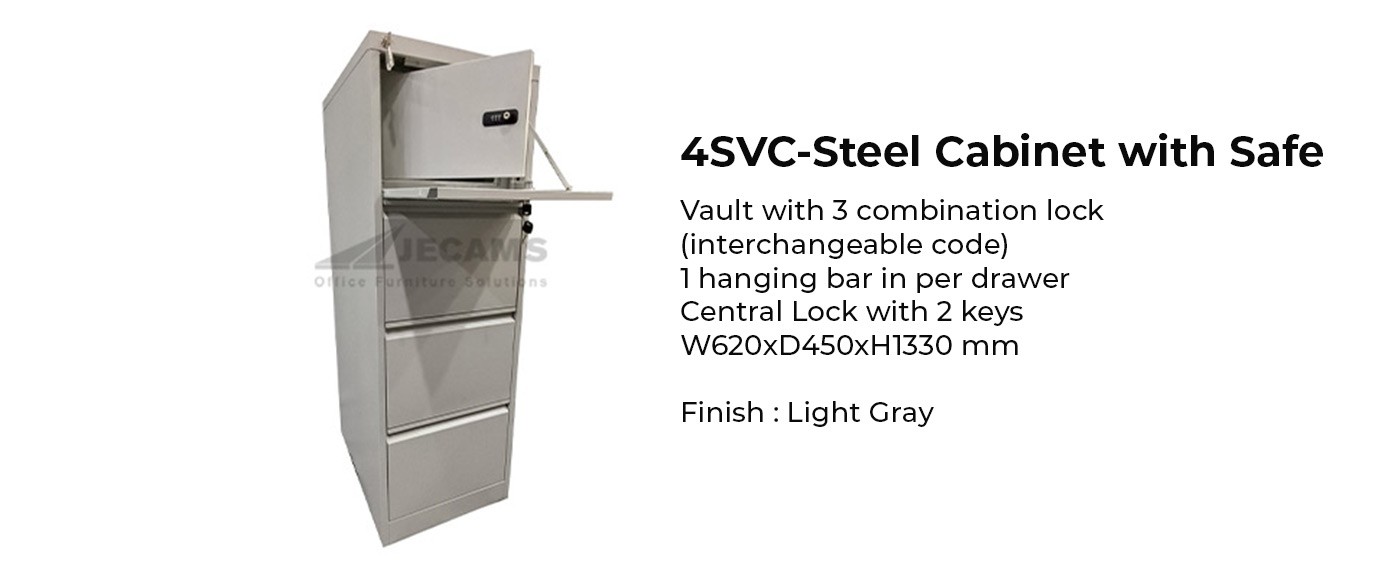 Light gray steel filing cabinet with vault