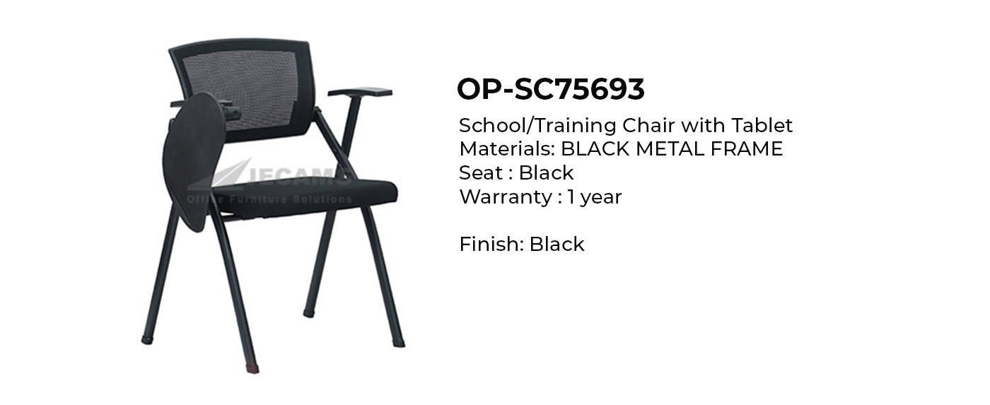 black training chair with tablet arm