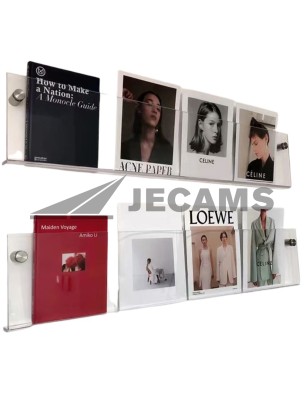 Wall-mounted magazine rack holding magazines and brochures